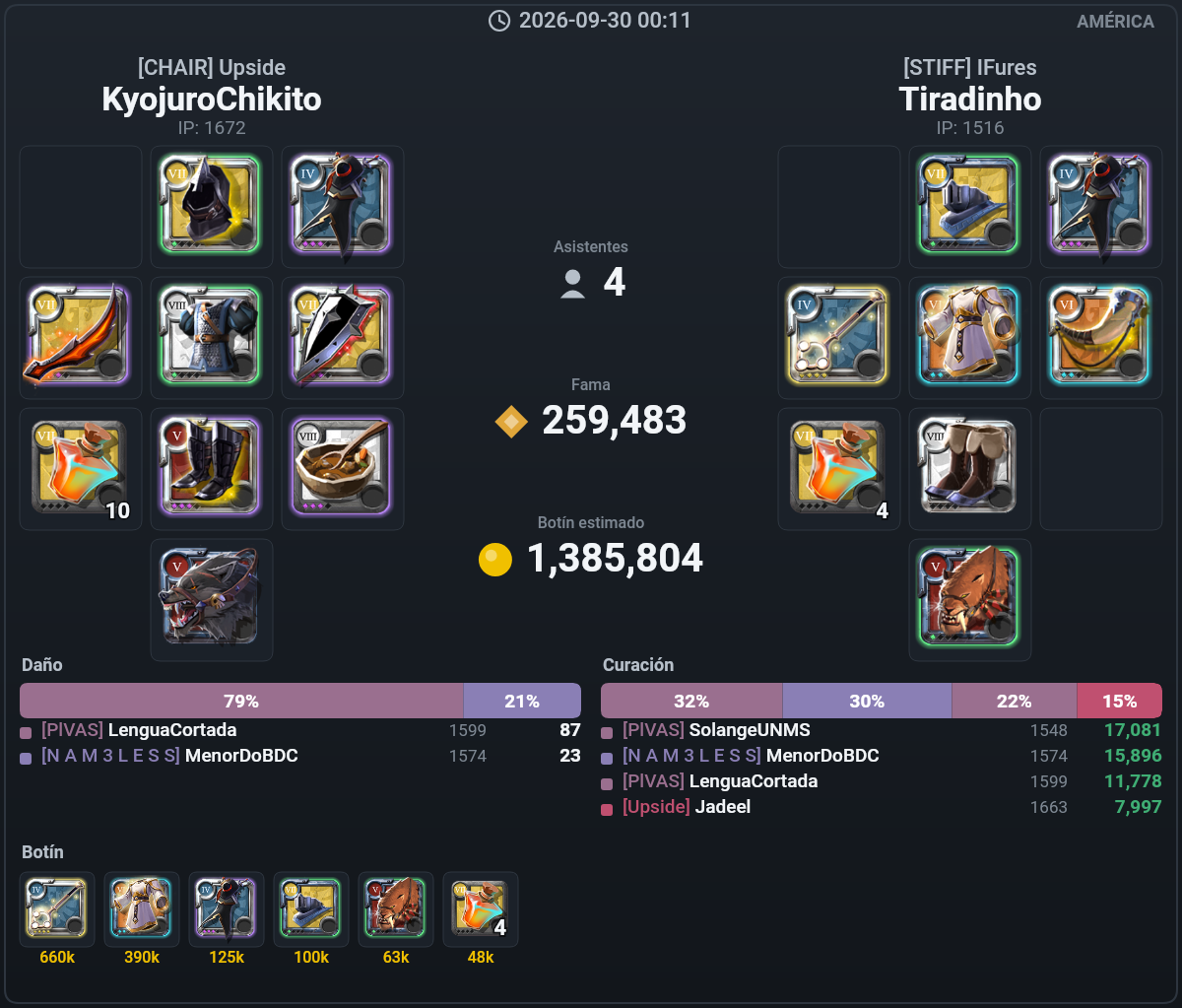 A kill: gear, assisters, fame, loot and the damage and healing bars.